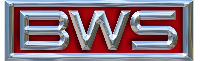 Rectangular logo with the metallic letters "BWS" in a bold, angular font on a red background, surrounded by a silver frame.